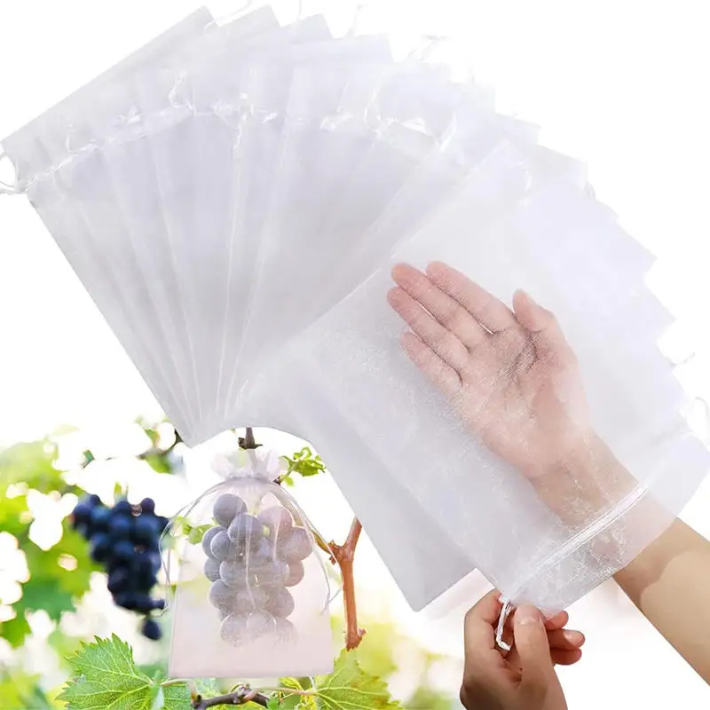 50/100Pcs Fruit Protection Netting Bags With Drawstring Reusable Grape Grow Bags Strawberry Cover Mesh Bags For Pest Control