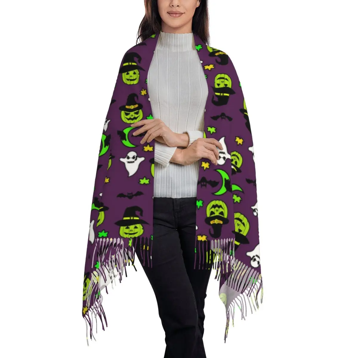 Halloween Pumpkin Ghost Witch Bat Castle Scarf Tassel Scarves for Women Soft Warm Shawls and Wraps Long Fall Winter Shawl Wrap