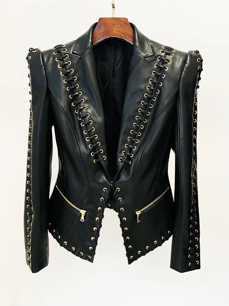 HIGH QUALITY Newest Fashion 2024 Designer Jacket Women\'s Slit Rope Lacing Up slim leather Blazer jacket