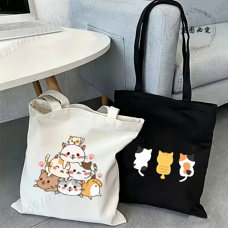 Women's Anime Handbags Cute Cat Kawaii Animal Cat Series Canvas Tote Bag Fashion Funny Cat Lover Gift Ladies Side Bag