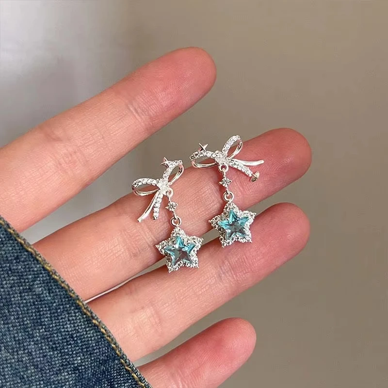 Kpop Y2K Blue Crystal Star Pendant Earrings for Women Exquisite Elegant Zircon Bowknot Pentagram Earrings Jewelry Birthday Gifts