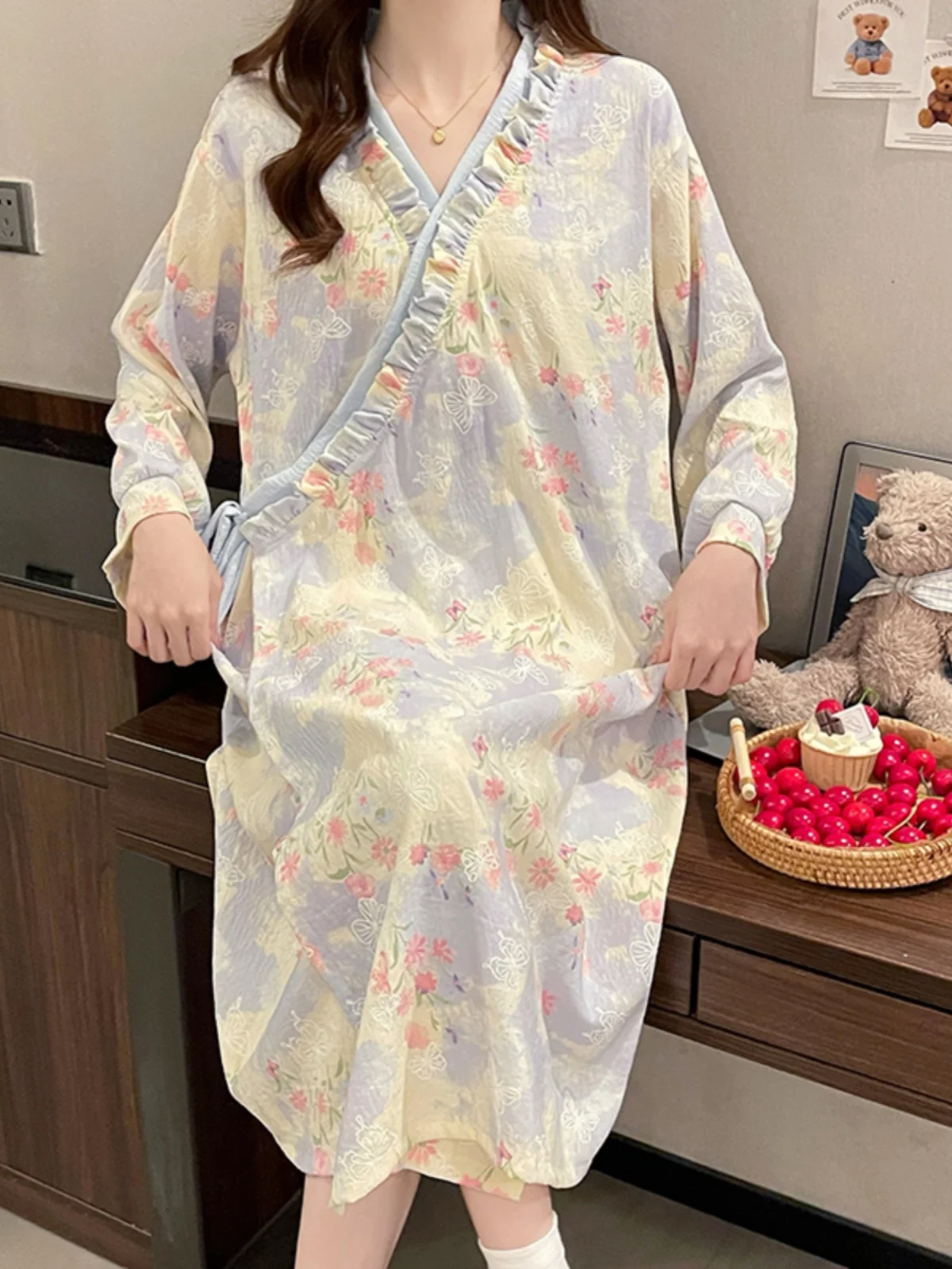 

Cloud Cotton Kimono Sle Spwear Women's Long Sve Casual Robe Home Clothes Sweet Sle Floral Print V-Ne Dstring