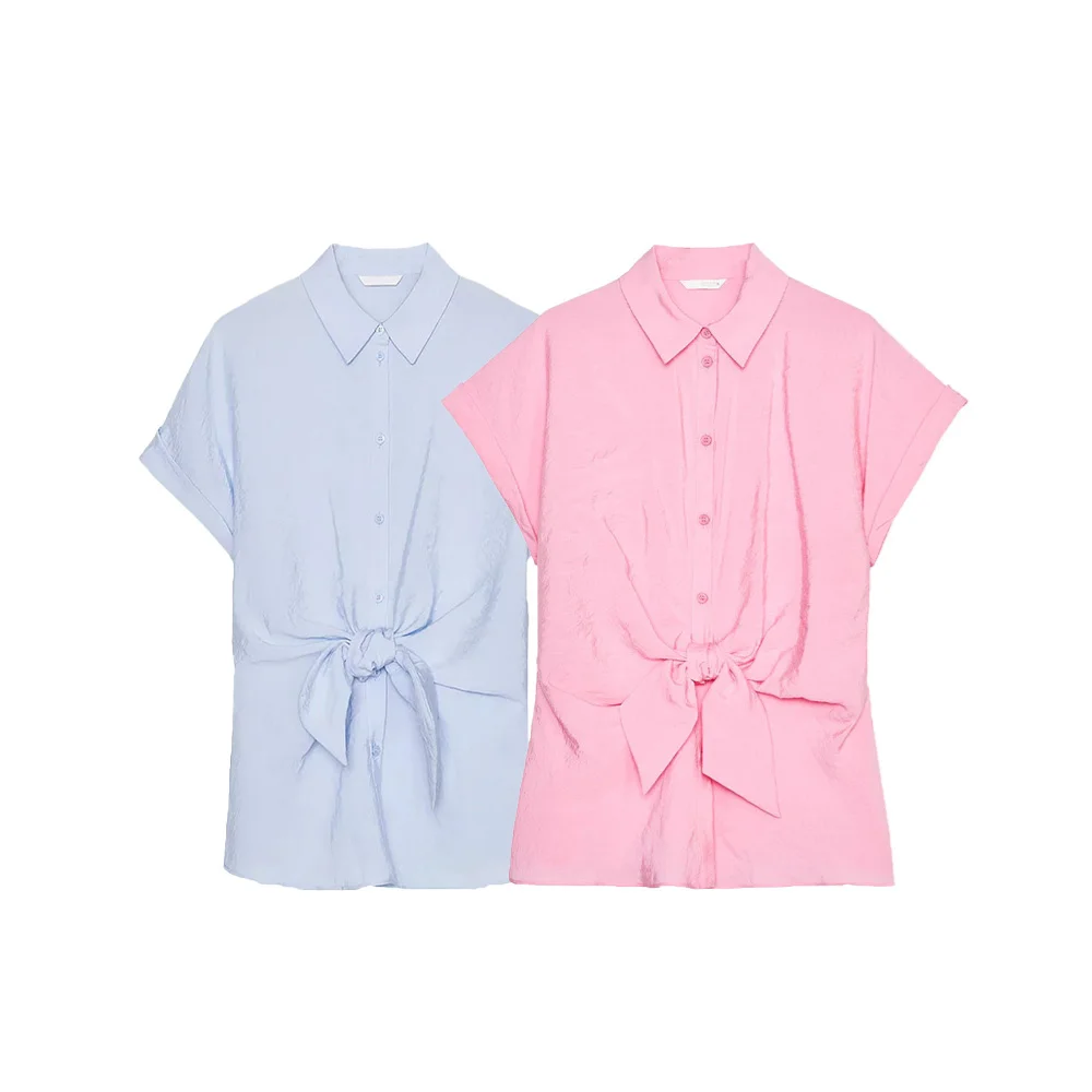 

UNIZERA women's bow decoration short sleeved shirt decoration lapel buckle decoration spring and summer new women's clothing