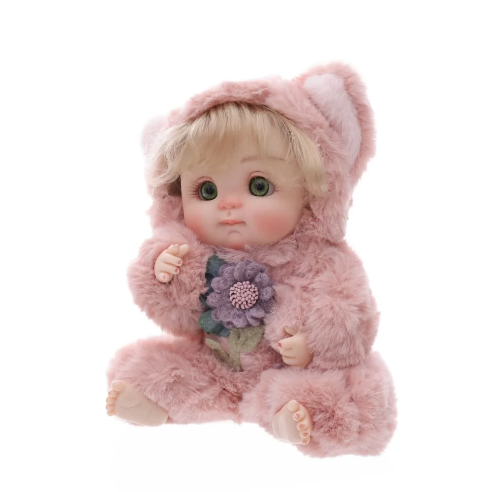 Cloveray authentique 10 pouces a été peint poupée reborn mignonne grands yeux rose en peluche oreille de renard jouet cadeau ornements de bureau pendentif de sac.