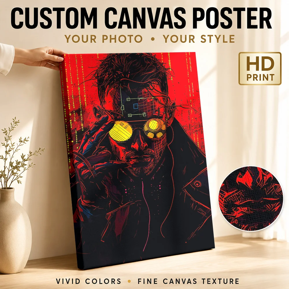 Cyberpunk Hacker Portrait with Binary Code Canvas Poster Personalized Photo Gaming Anime Wall Paintings Decoration for Bedroom