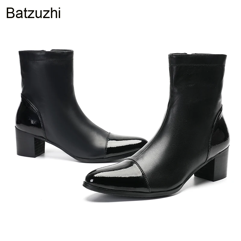 

Batzuzhi Men's Boots Handmade Italian Style Black Genuine Leather Boots Men Zip Pointed Toe Knight/Business Boots 6Cm Heels!