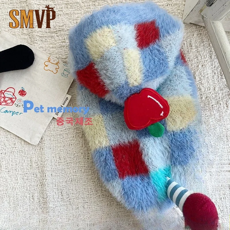 Ins Style Color Block Plaid Pet Hooded Cardigan Thick Fleece Warm Puppy Sweater Apple Decor Winter Coat for Small Cats Dogs