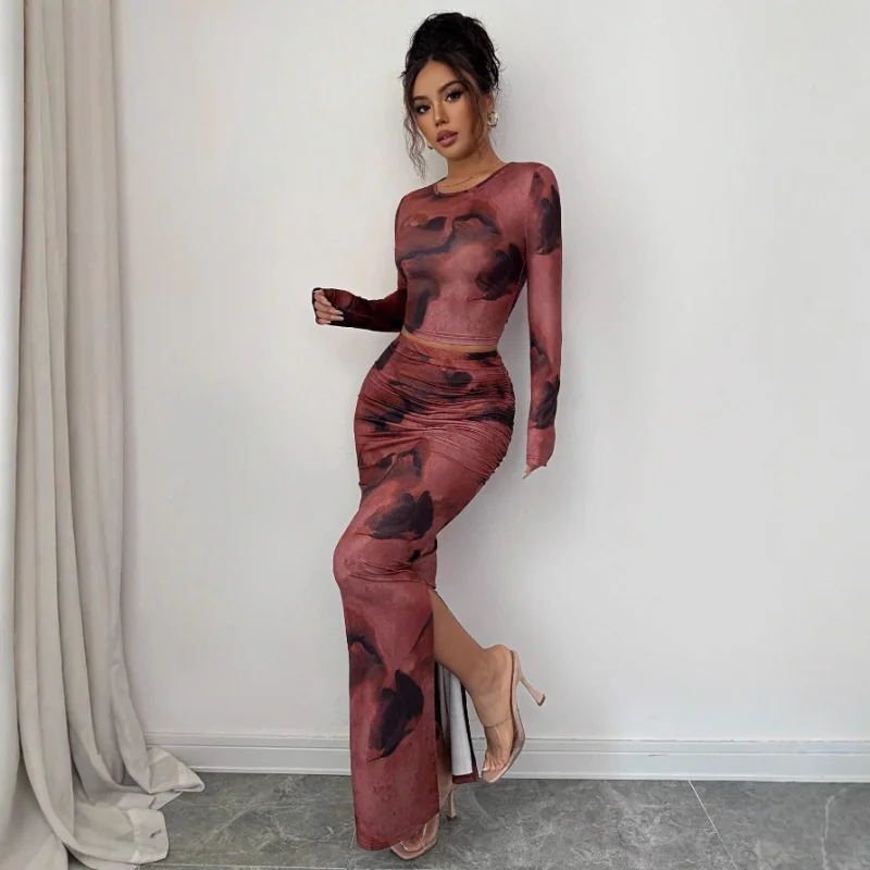 

Весенний новый стиль, женская футболка с длинными рукавами и рисунком тай-дай, костюм с узкой юбкой