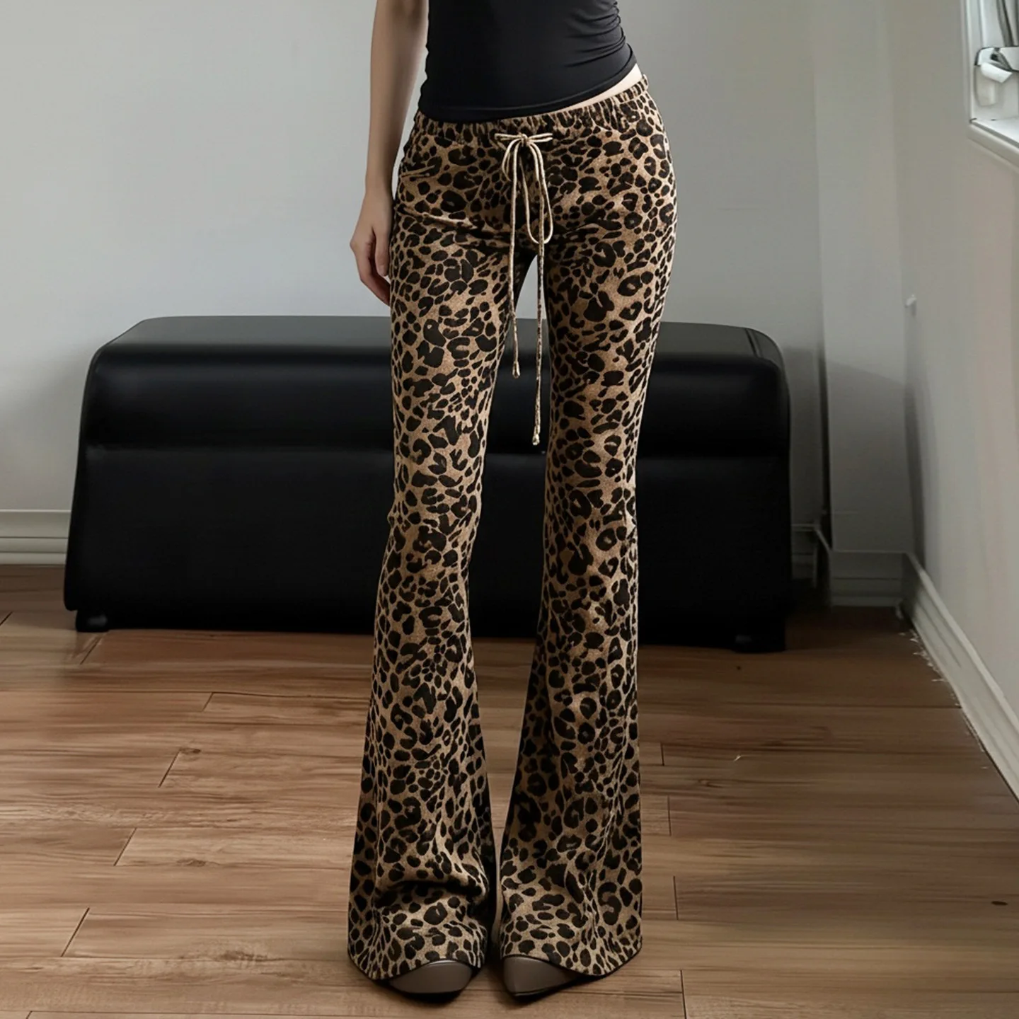 Sexy Leopard Print Low Waist Lace-up Flared Pants For Women Y2K Aesthetic Drawstring Trousers Streetwear Bell Bottoms