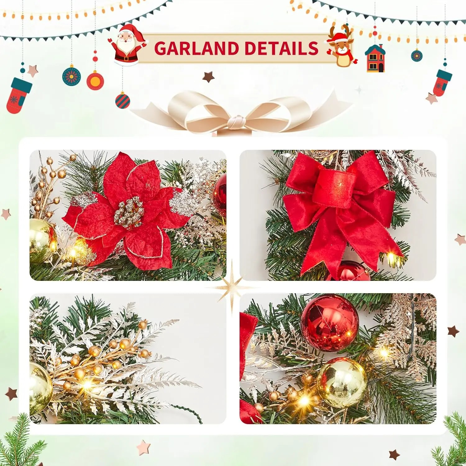 Garvee 6ft Pre-Lit Christmas Garland  Christmas Tree Wreaths Home Party Decoration Outdoor Yard Pine Rattan Hanging Ornaments Fireplace Stair Decor 20 LED Lights 8 Modes Red Gold