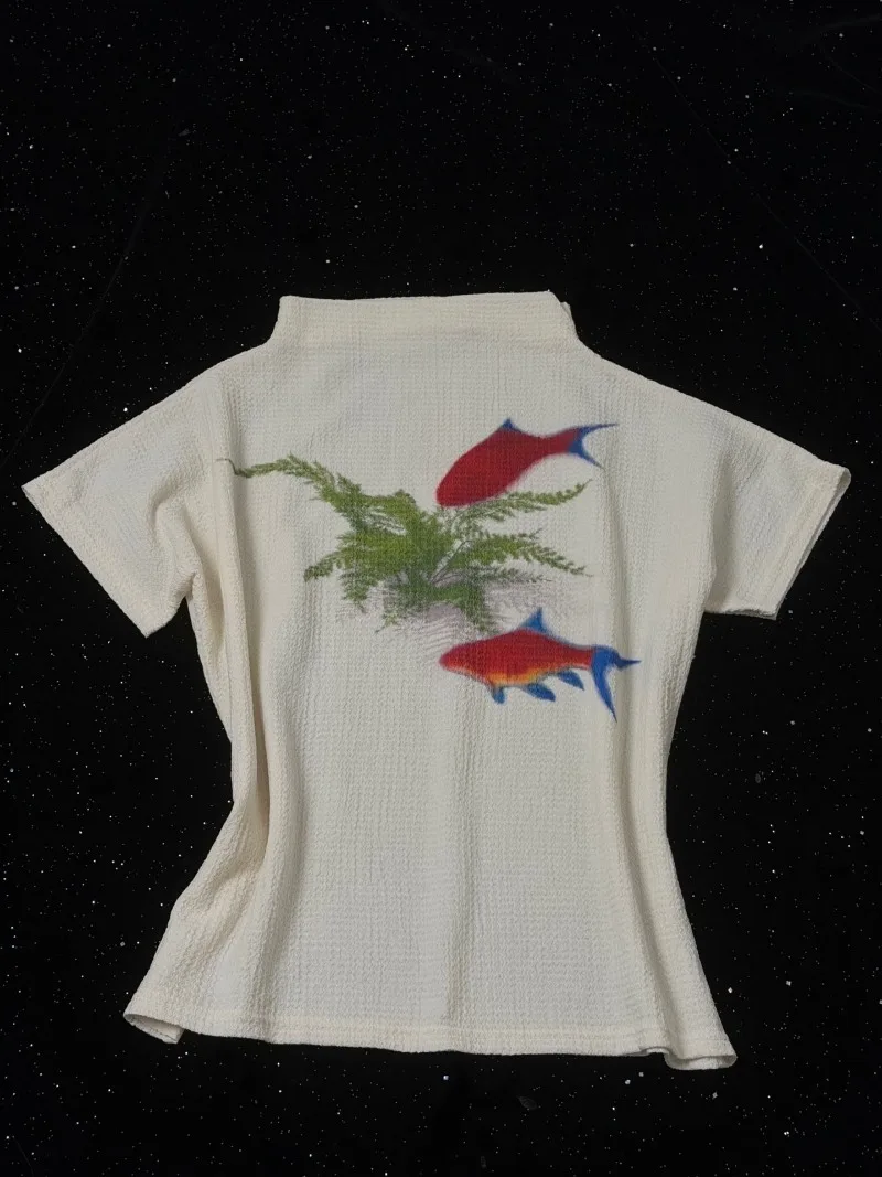 Kimotimo American Goldfish Printed T-shirts Women Vintage Stand Collar Slim Texture Tops Y2k Grunge Harajuku Short Sleeve Tees