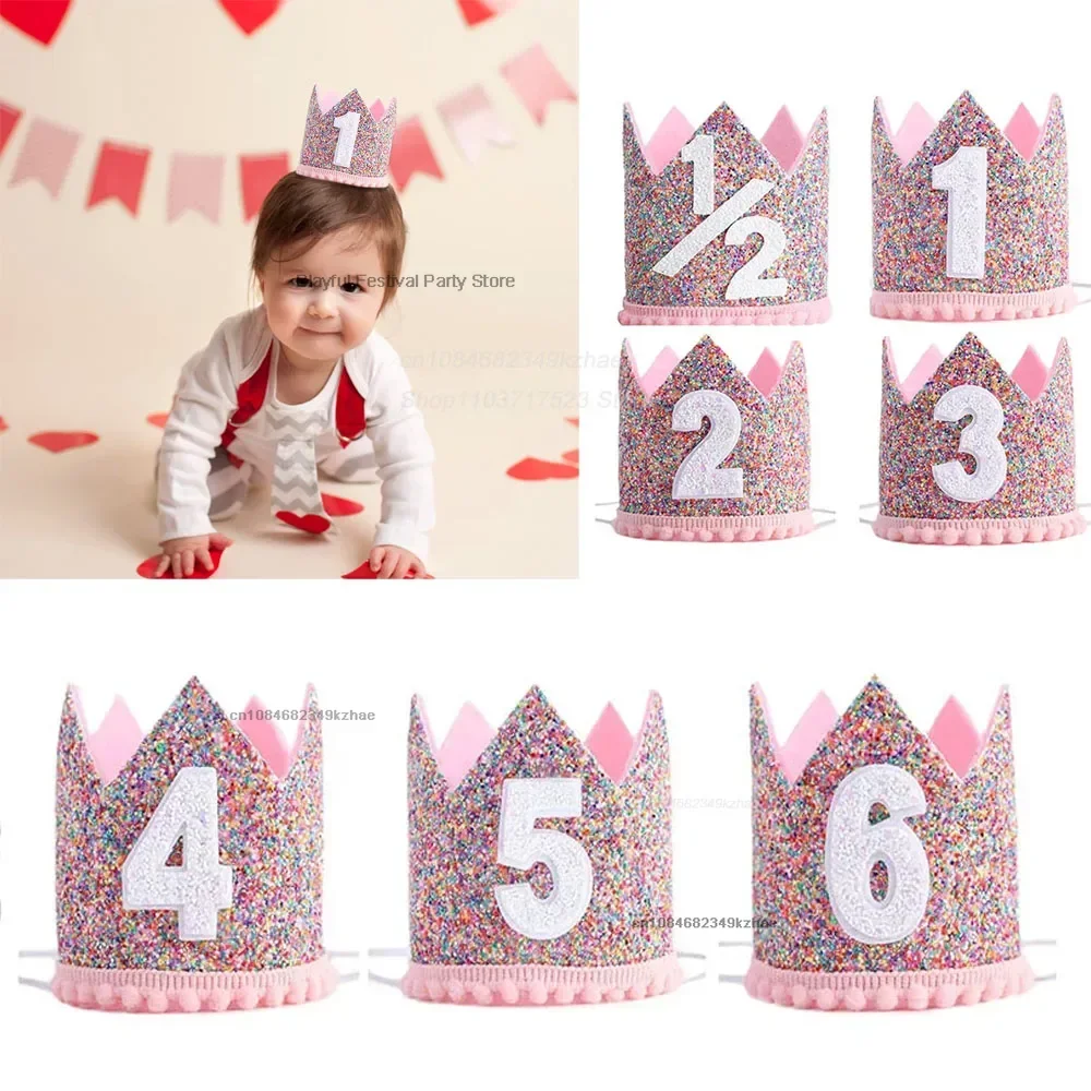 Princess Crown Baby Birthday Party Hat Half Year Old 1 2 3 4 5 6 Years Headband Baby Shower Kids Birthday Decoration Supplies