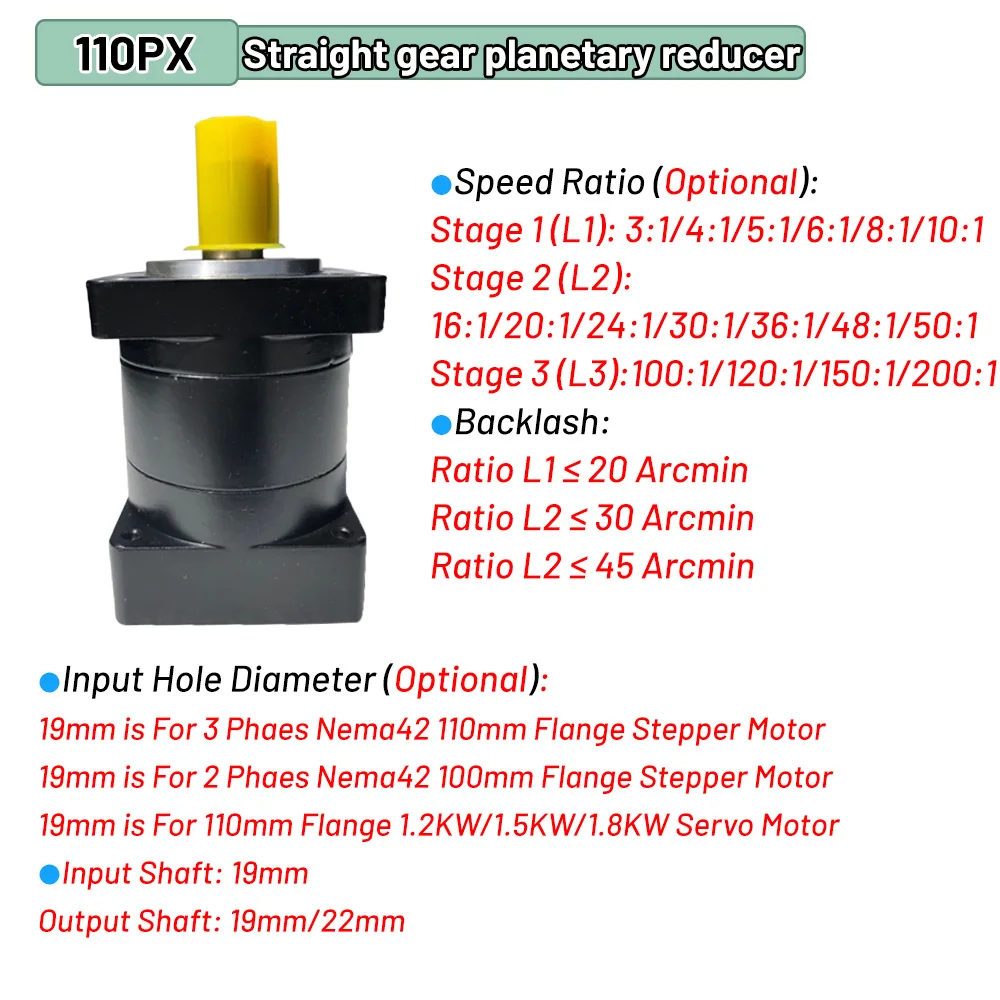 YUNDUAN Planetary Gearbox Step-down 100/110/130mm Gearbox Reducer 3Phaes Nema42/52 Stepper Motor 1.2/1.5/1.8/1.5/2/3KW Servo