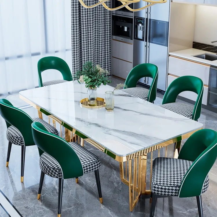 Marble modern simple light luxury dining table and chair combination rectangular rock slab household small apartment gold-plated