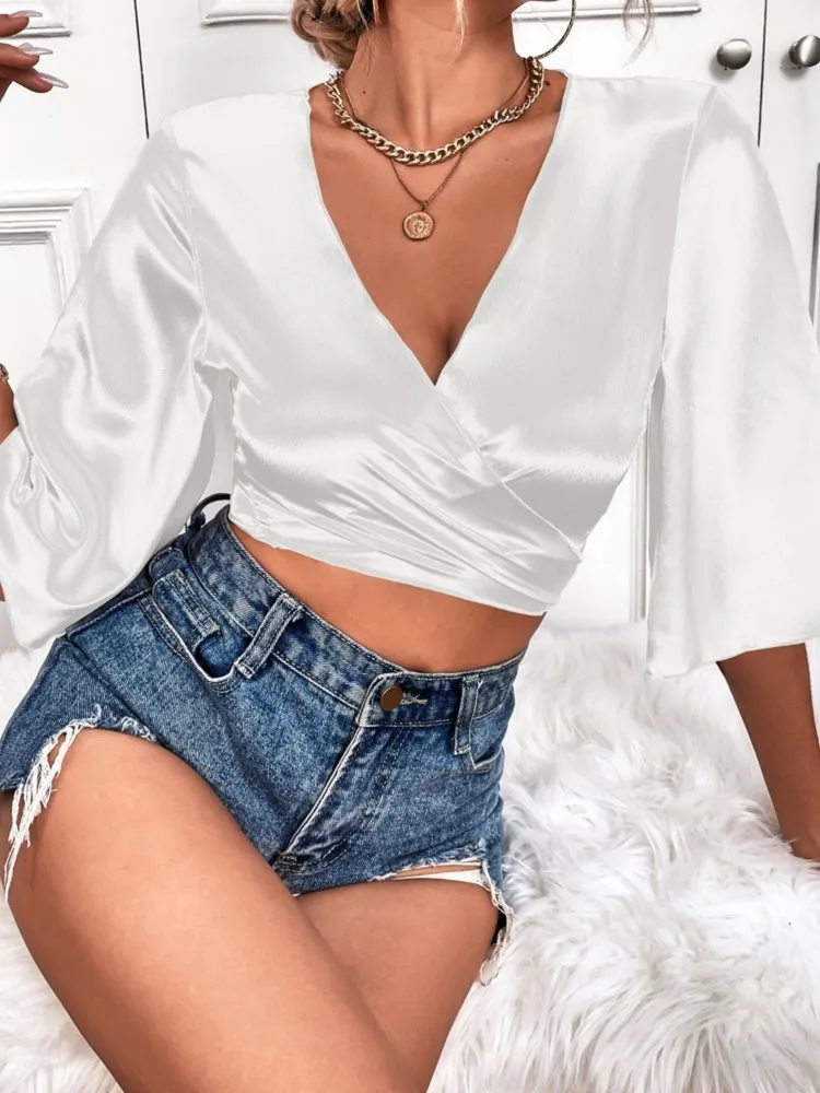 Sexy Deep V Satin Lace Up Crop Top Half Sleeve Women Shirts Y2k 2024 Spring Summer Casual Tops Elegant Office Blouse Female