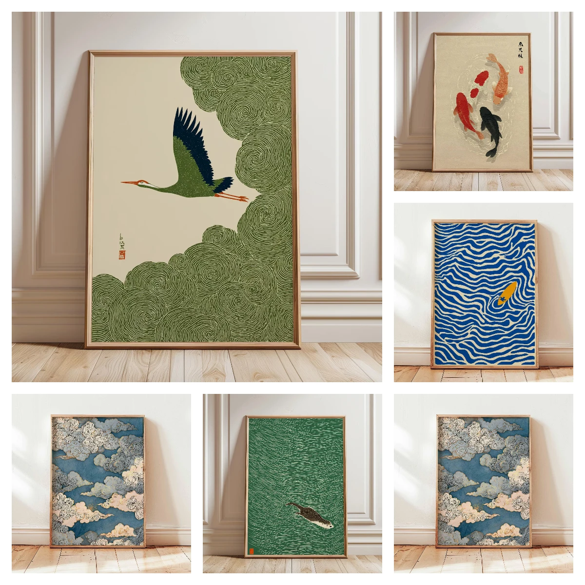 Retro japanischer Kranich in wirbelnden Wolkenhimmel-Wandbildern auf Leinwand, ungerahmte japanische Wandkunstdrucke für die Wohnzimmerdekoration