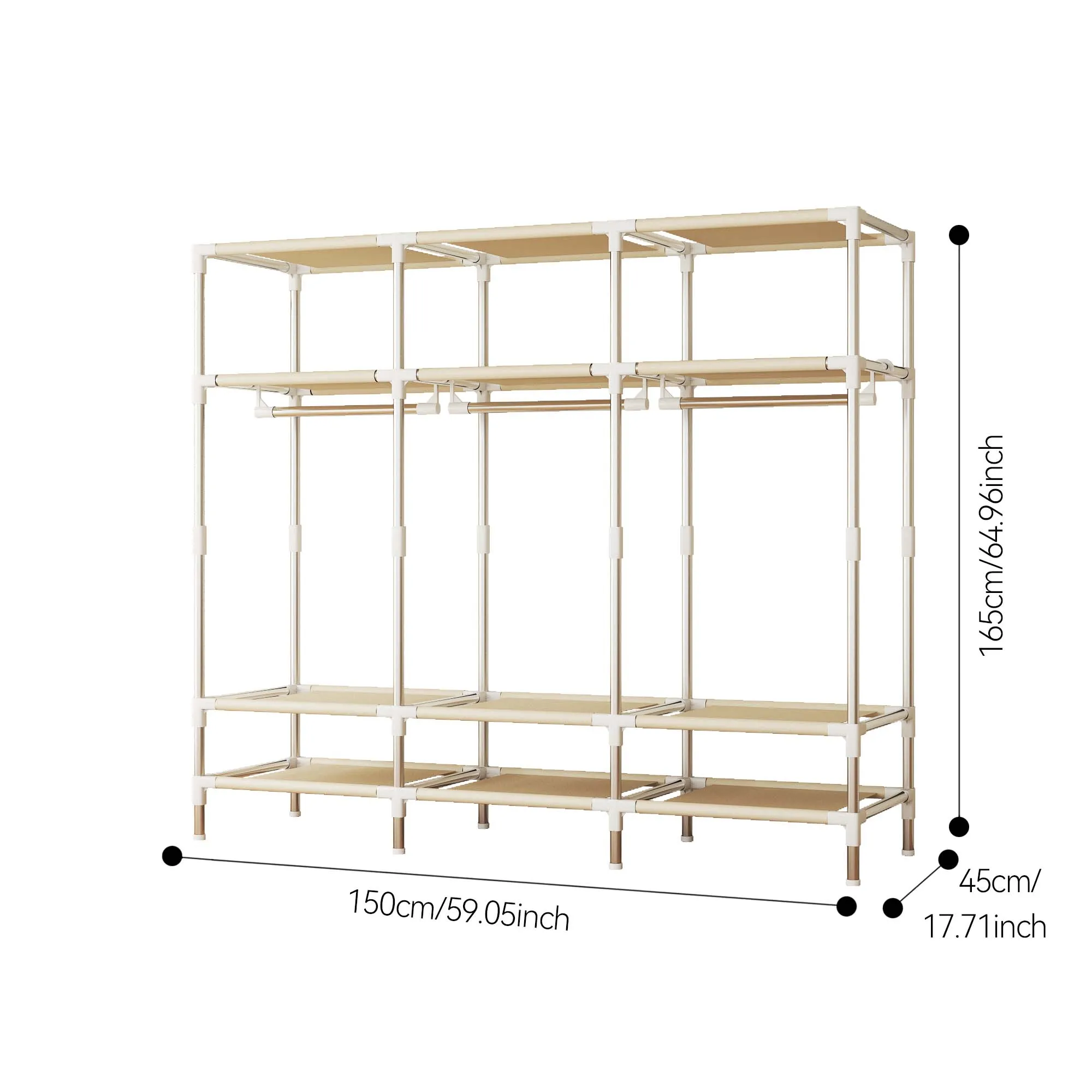 خزانة ملابس محمولة بإطار فولاذي وغطاء غبار من القماش غير المنسوج - تتضمن حجرة تخزين وأدراج لغرفة النوم