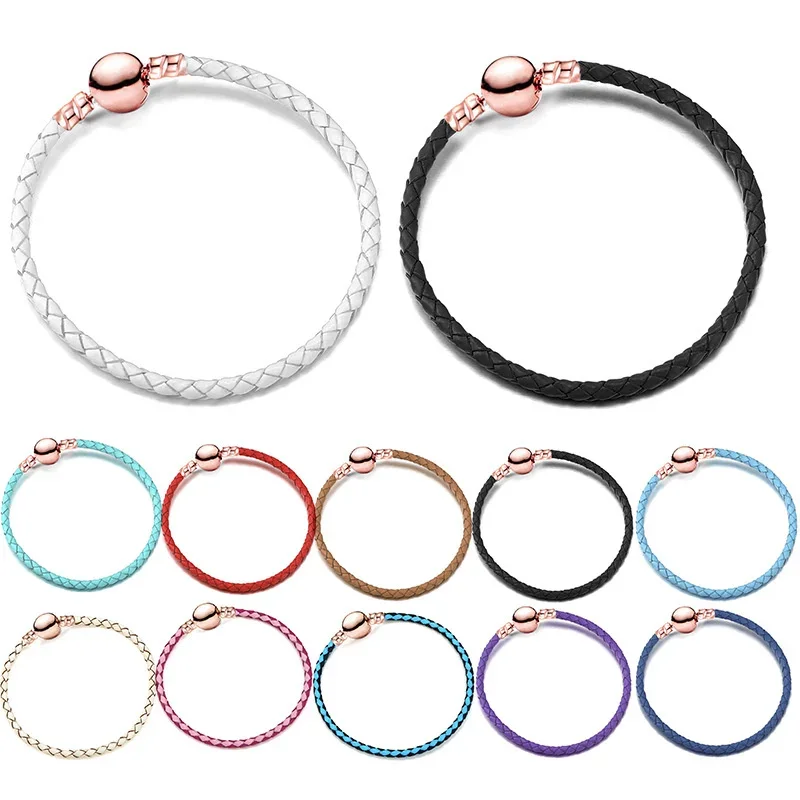 2024 New Fashion 3mm Single Circle Bracelet Leather Rope Rose Gold Beads Buckle DIY Fine Jewelry Gift For Women Girl Mom Brother