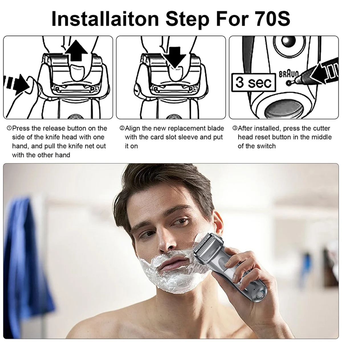 อะไหล่หัวโกนไฟฟ้า70S สำหรับ Models720โกนหนวดแบบฟอยล์7ชุด750CC 760CC 790CC 9565 9595(3แพ็ค)