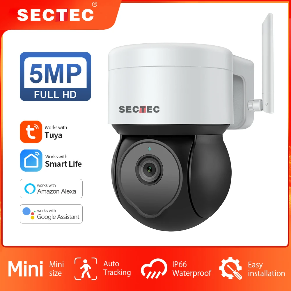 

SECTEC 5MP Tuya Outdoor PTZ Camera Ai Human Detect 1080P Security CCTV House Surveillance Camera Alexa Wifi IP Camera for Yard