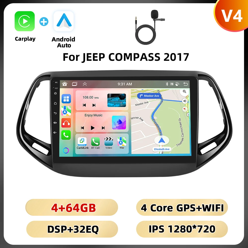 Podofo Gps Wifi 4G Auto Audio Voor Jeep Kompas 2017 Multimedia Speler Bluetooth Carplay Android Auto 8Core Fm Rds Dsp Autoradio