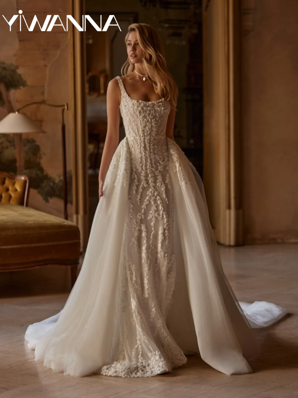 

Stunning Beaded Square Neck Wedding Dress Detachable Train Thin Straps Bridal Gown Customized Mermaid Long Dresses For Bride