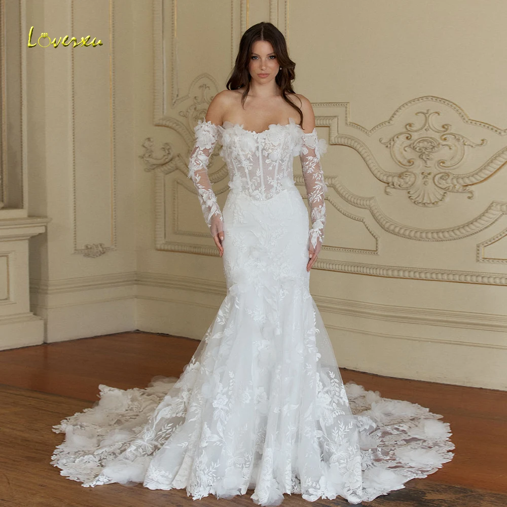 

Свадебное платье Loverxu Mermaid: сексуальное, без бретелек, со съемными рукавами, кружевными аппликациями и цветами, на заказ