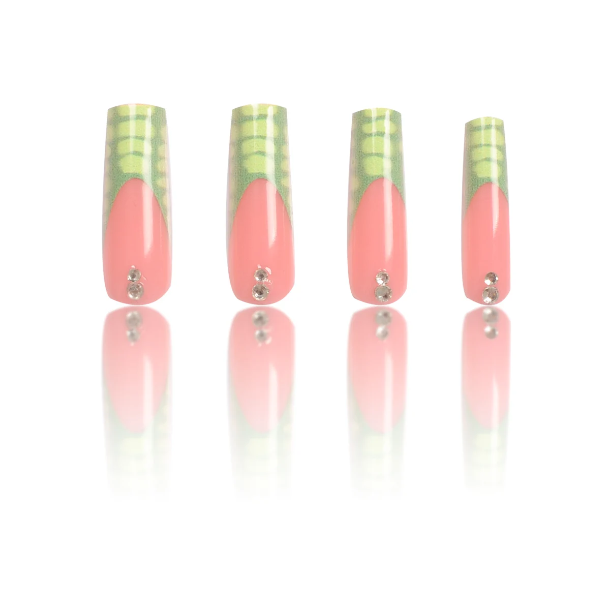 24 Stuks Super Lange Rechthoekige Nagelstickers Groen Krokodilpatroon Frans Stip Patroon 3d Witte Flits Diamant Nail Art Set