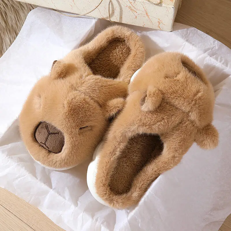 Mignon dessin animé Capybara coton pantoufles femmes 2025 hiver doux fond épais intérieur Couple diapositives chaud fausse fourrure chambre pantoufles