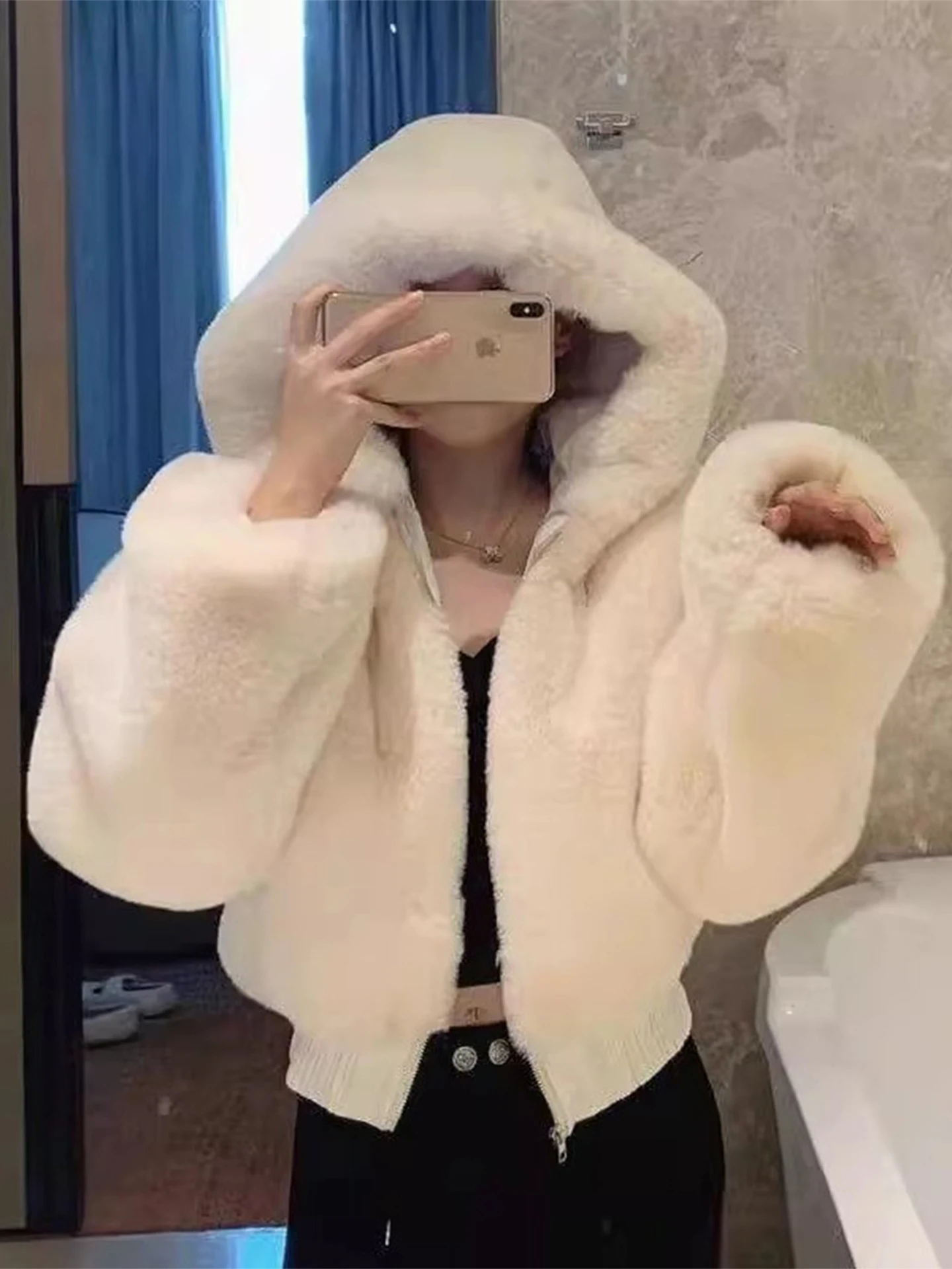 

Women's ort Thiened Rabbit Fur Coat Autumn Winter Cotton Jaet Small Size Fluffy Hoodie Commute Sle Stand Fit Zipper