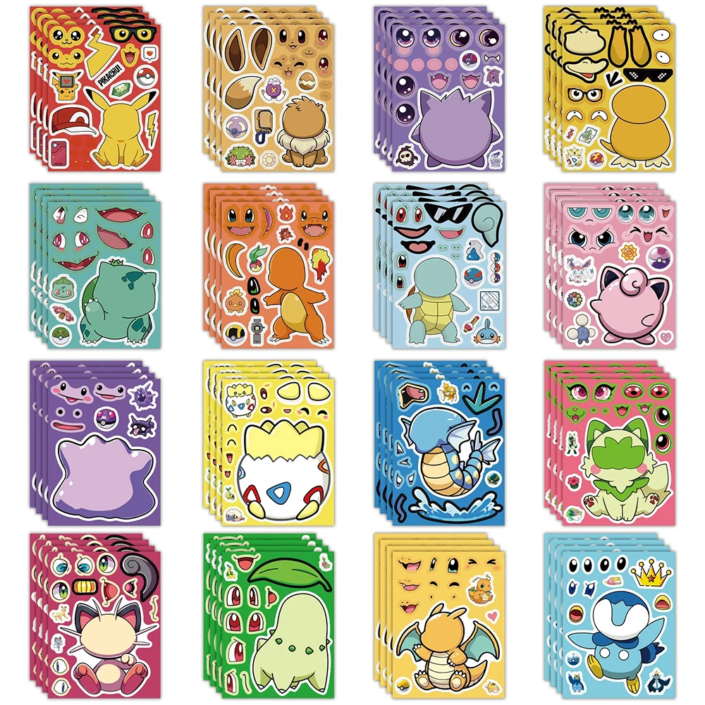 8/16sheets Cute Pokemon Anime Puzzle Stickers Pikachu Make a Face Game Fun Party Assemble Jigsaw DIY Cartoon Sticker Supplies