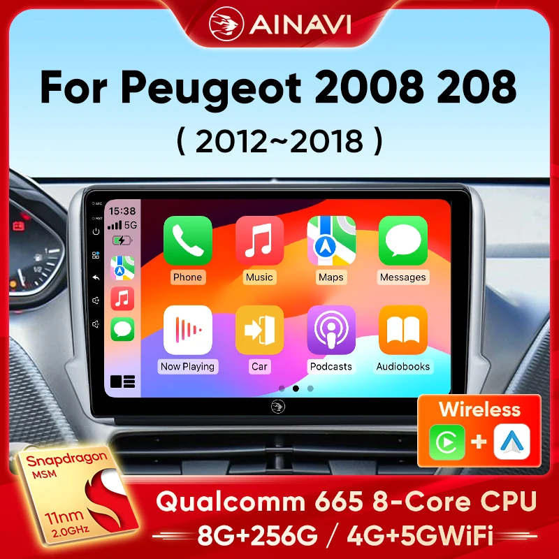 AinaviรถวิทยุสําหรับPeugeot 208 2008 2012 2013 2014 2015 2016 2017 2018 Wireless Carplay Android Auto Carมัลติมีเดีย 2 Din