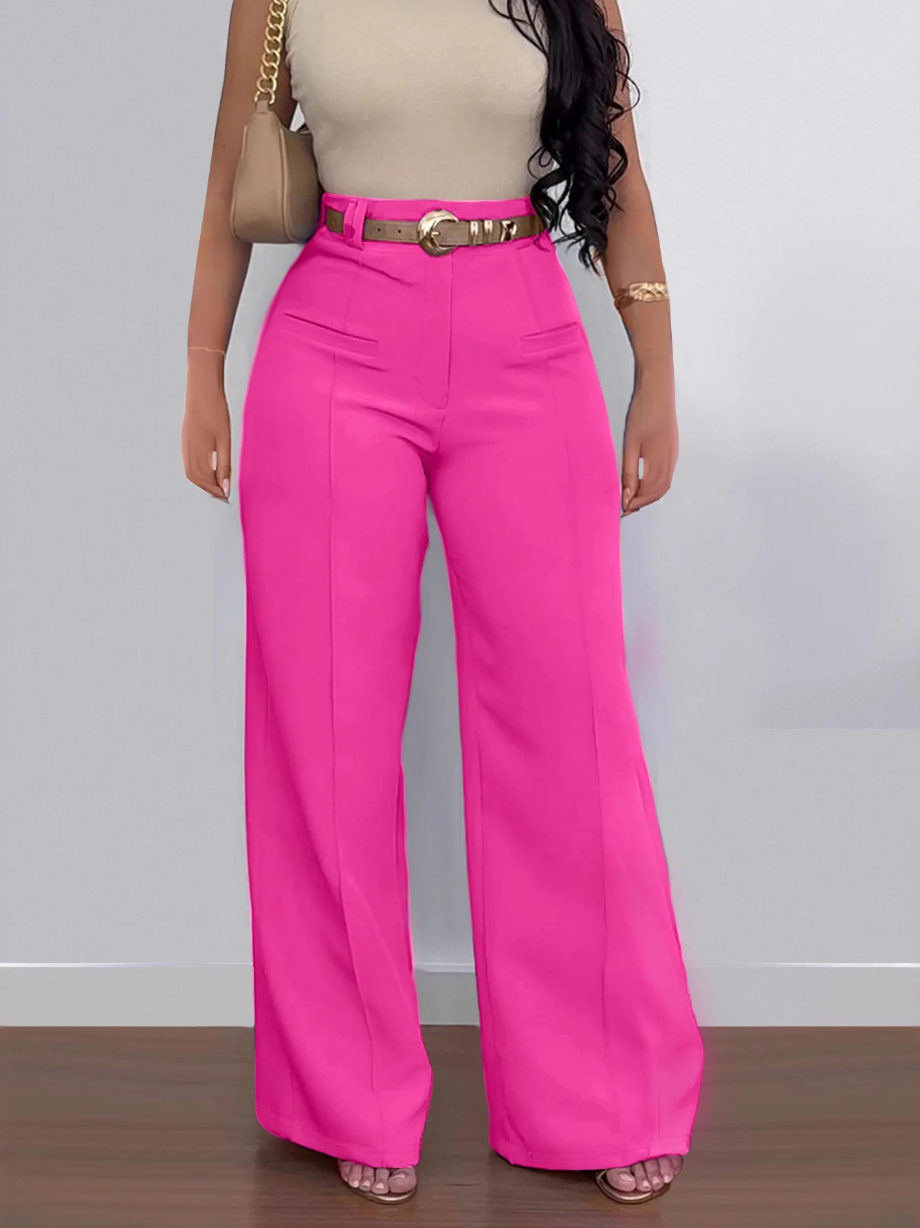 Fashionable High Waist Wide Leg Pants Straight Cut Slimming Women's Casual Trousers Polyester Fiber Zipper Fly mid Rise
