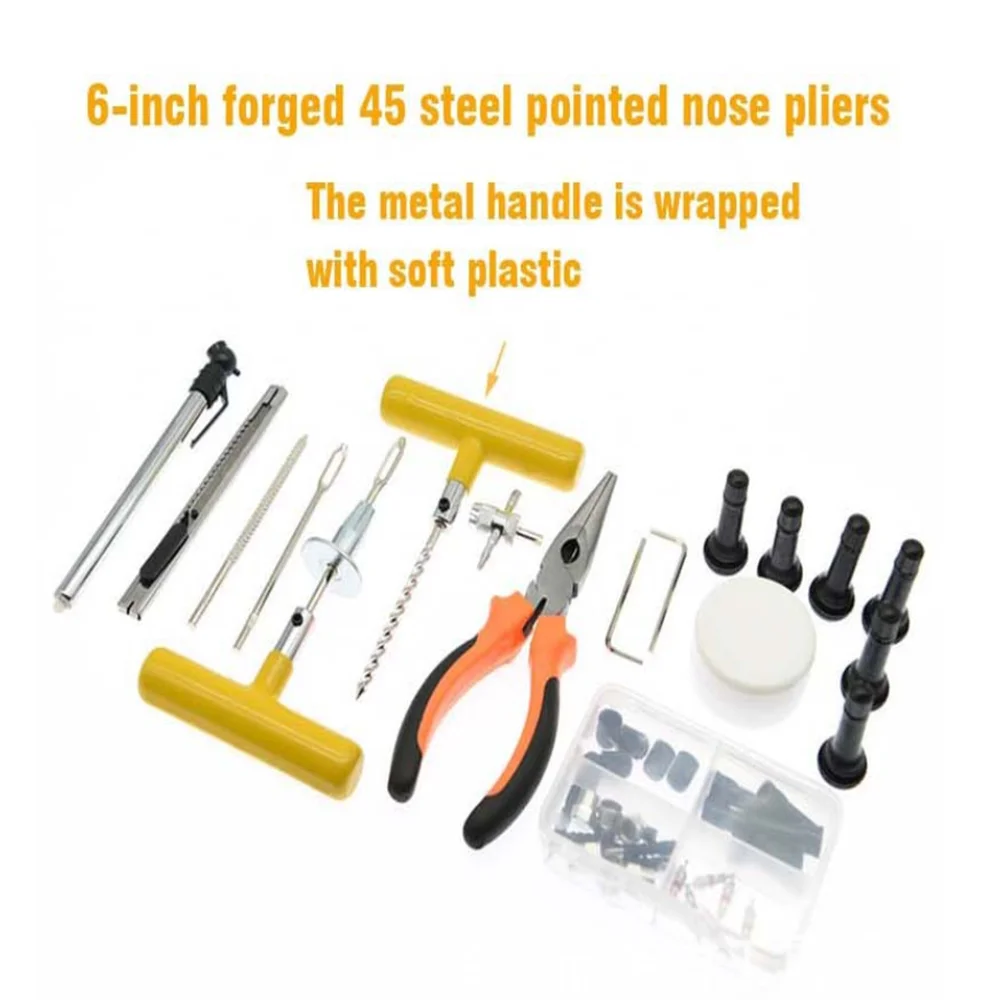 100PCS Car Tire Repair Tool Kit Studding Set Auto Bike Puncture Plug Garage Needle Nose Pliers Vacuum Film Nail Screws Storage