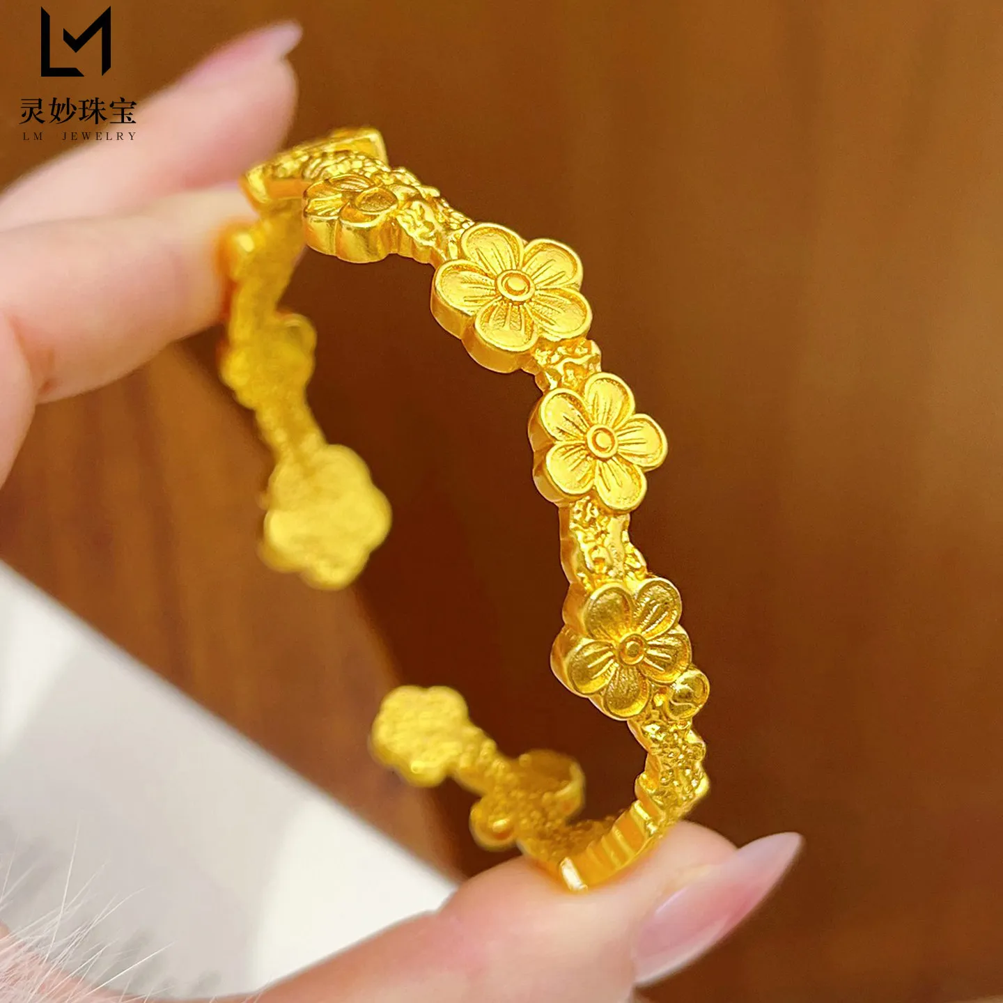 

Ideal auspicious gift, Plum Blossom Butterfly Open Bangle Hammered For Women 24K Gold AU999, brings good fortune & happiness