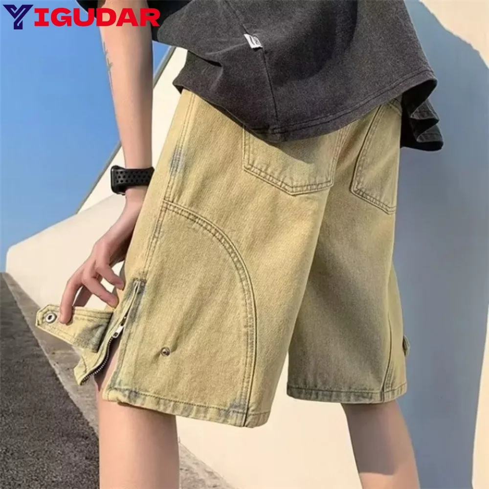 

Summer Denim Shorts for Men Korean Harajuku Retro All-Match Baggy Straight Bottoms Wide-Leg High Street Five-Point Jeans Pants