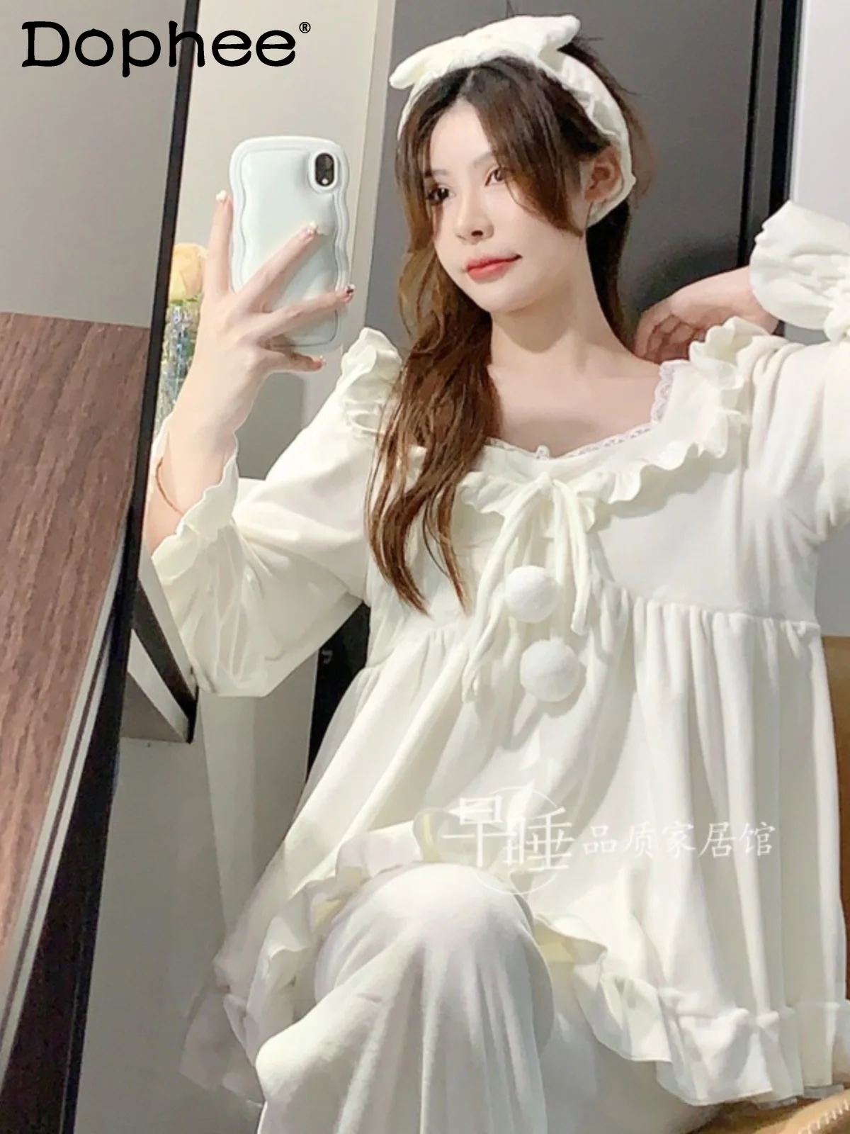 

Осень-зима 2022, новые теплые пижамы с милой кружевной отделкой, двусторонняя флисовая повседневная одежда для дома для женщин