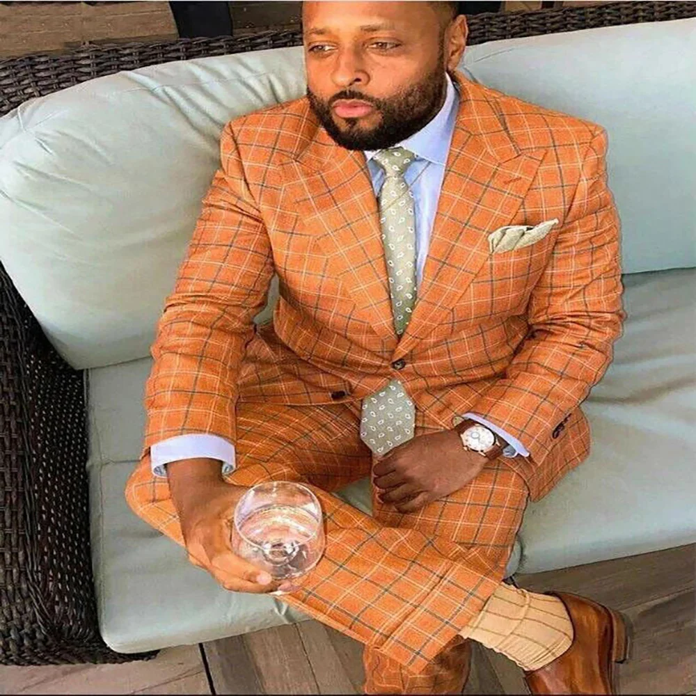 

Orange Check Men Suits Wedding Tuxedos Suits Wear Dinner Prom Party Blazer Jacket Pant Plaid Groom Suits