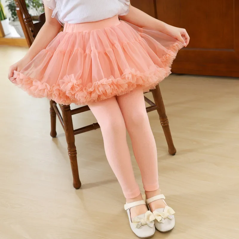 

Kids Leggings 3-10 Years Girls Mesh Tutu Skirt Leggings False Two-piece Culottes School Dance Tights for Children Pants-skirt