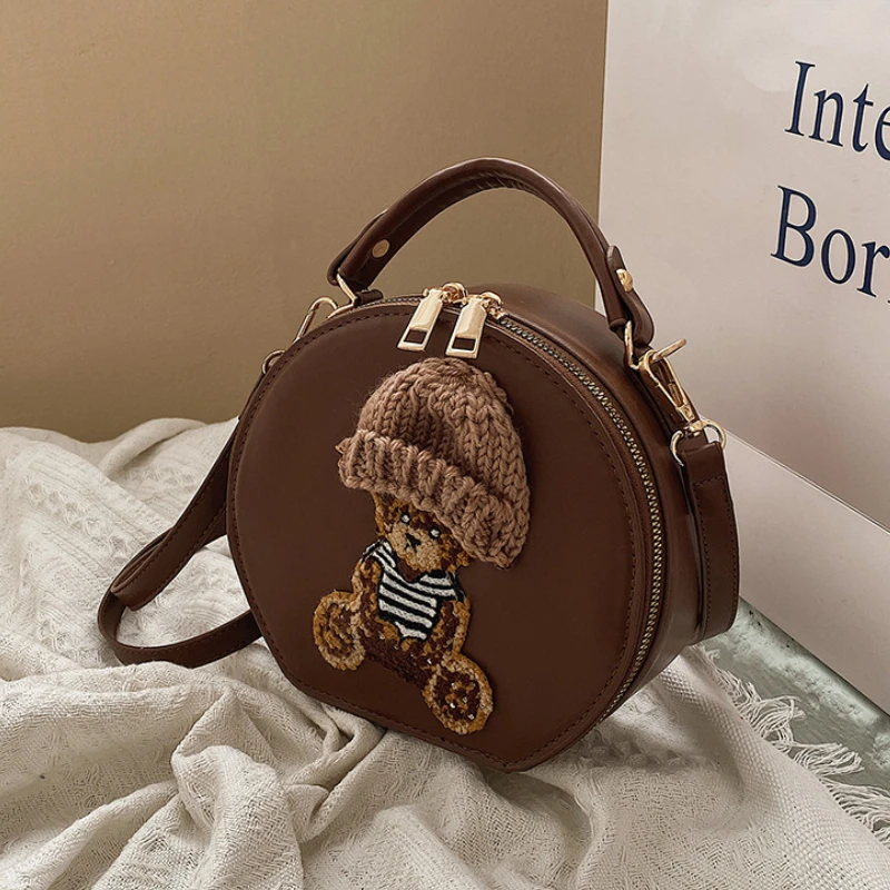 Cartoon Cute Bags for Women 2023 New Luxury Designer Handbag Bear Small Round Crossbody Bags Vintage Leather Shoulder Bag Woman