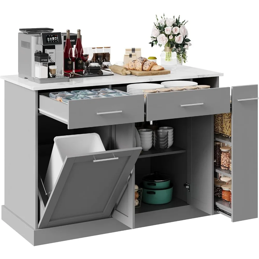 Isla de cocina con almacenamiento de cubo de basura, isla de cocina con ruedas de 52" con encimera de mármol y estante de especias extraíble