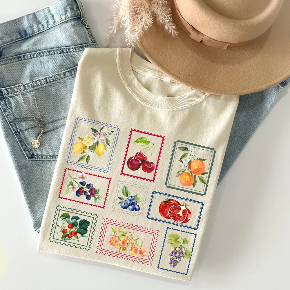 Summer Fruit Stamp Comfort T-ShirtVintage Postage Stamp Unisex TeeAesthetic Cottage Core Gardening Gift Trendy Casual Streetwear