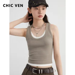 CHIC VEN Women Tanks Casual U-neck Contrasting Color Splicing Female Vest Slim Fit Woman Suspender Autumn 2024