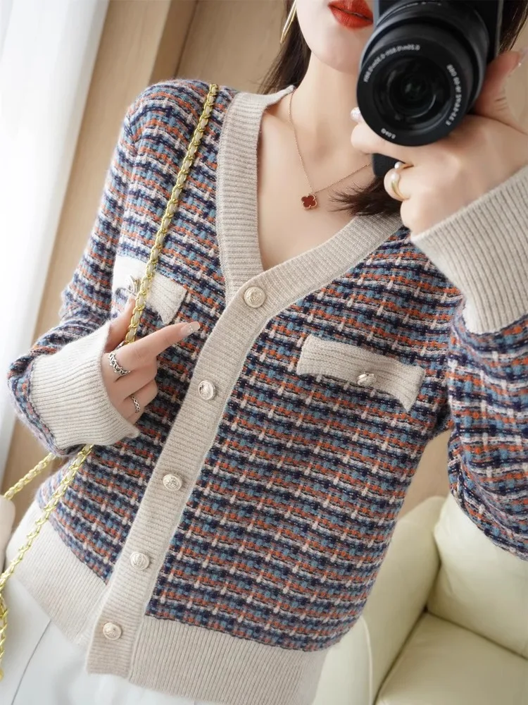 Nuevo 2025 Cárdigan abierto de punto largo Sve para mujer Casual V-Ne Prendas de abrigo sueltas irt Suave Cómodo Viaje Sle Plaid P...