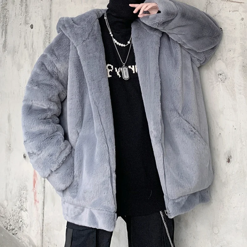 Veste Fourrure Homme Winter 3 Solid Colors Loose Rabbit Hair Thickened Coat Hooded Wool Gray White Casual Mens Fur Coat