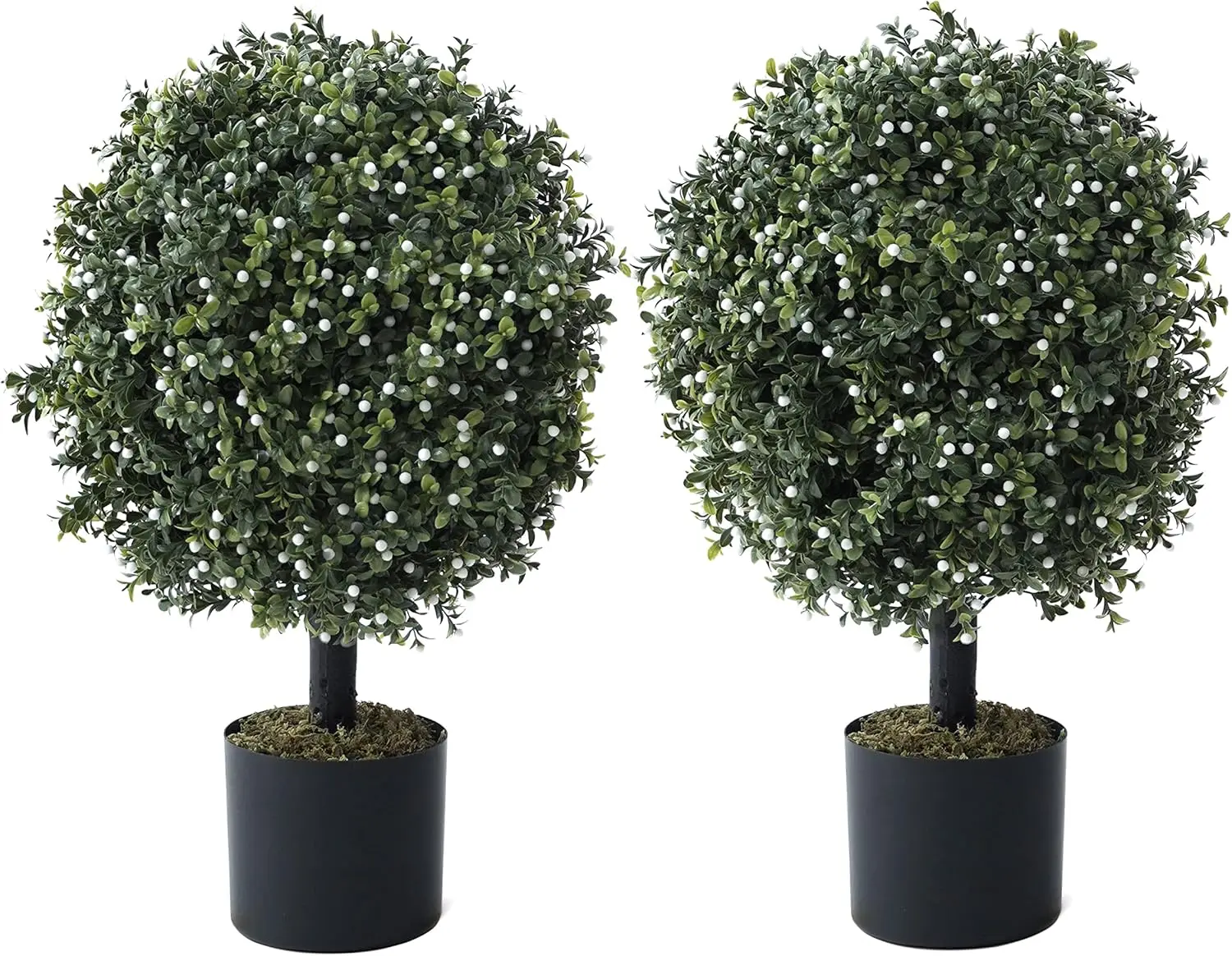 Artificial Boxwood Topiary Ball Tree Set of 2, Artificial UV Resistant Bushes, Faux Potted Tree, Plant in Pot with Dried Moss