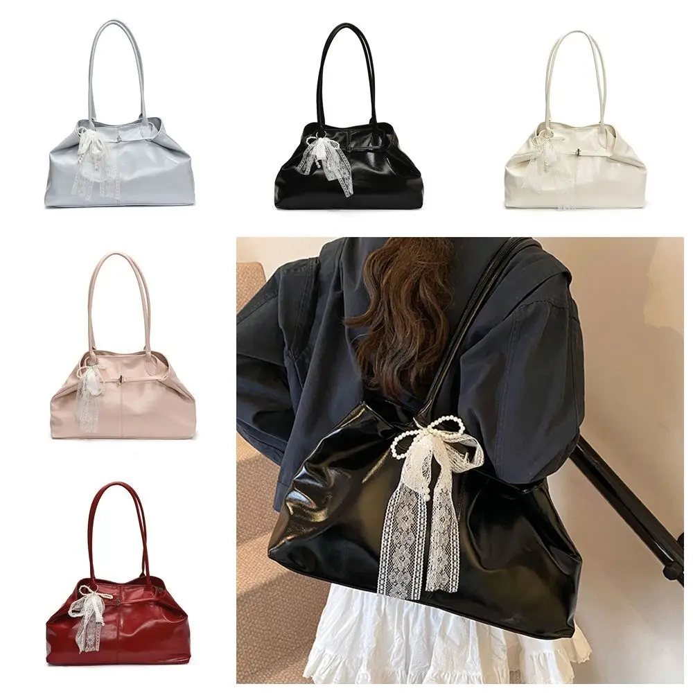 

Сумка-тоут из искусственной кожи с бантом и кружевной подвеской, универсальная сумка на плечо, однотонная, вместительная, дорожная сумка.