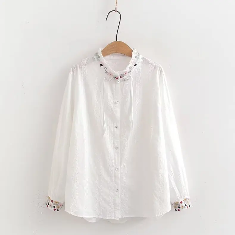 New Spring Cotton Solid Shirt Women Stand Girl Long Sleeve Tops Embroidery Literary Commute Lace-up Blouse 2024 Autumn T43690QC