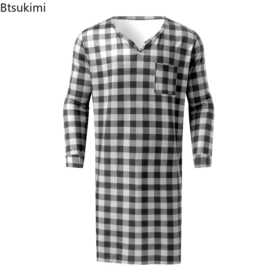 Spring New Men's Pajamas Robe Fashion Plaid Loose Casual Bath Robes Long Sleeve V-neck Home Loungewear Male Nightgown with Hat