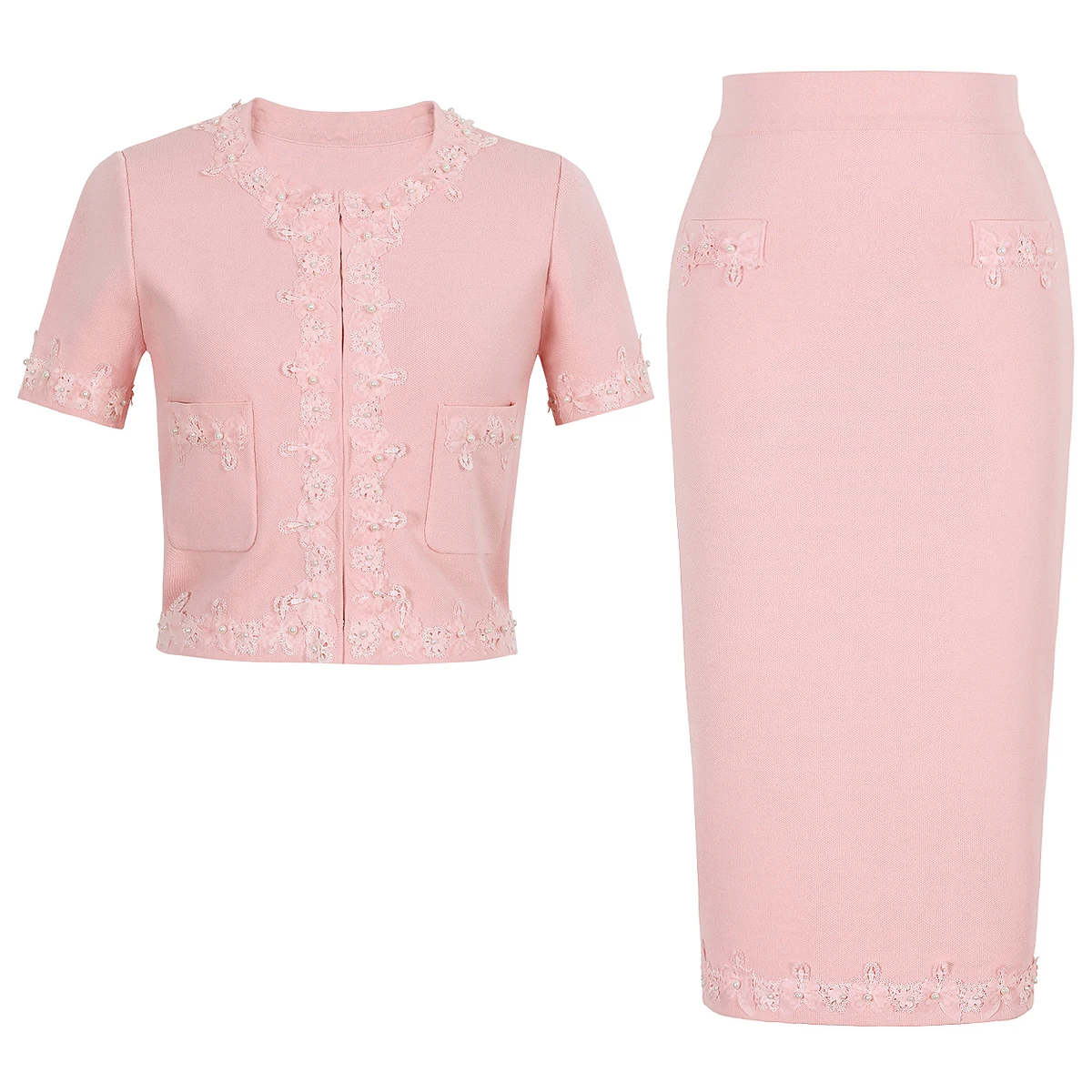 High Quality Summer New Round Neck Short Sleeved Luxury Nail Bead Flower Decoration Knitted Cardigan Top+skirt Women's Set